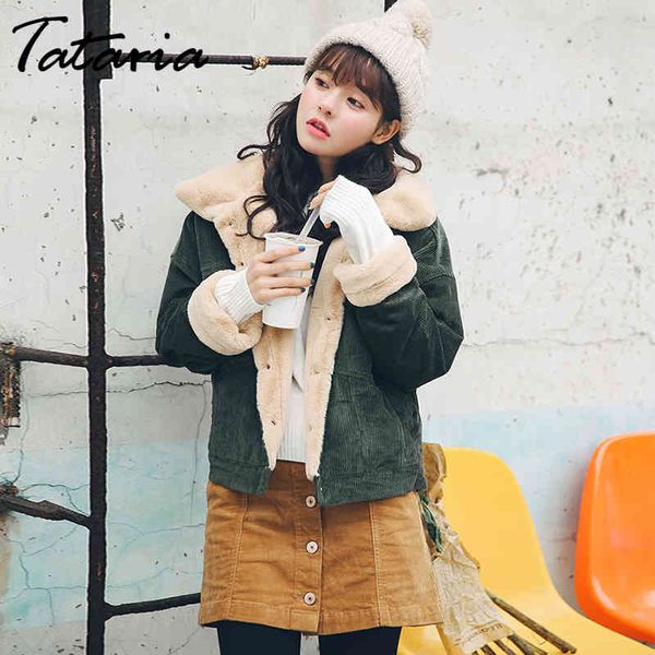 

tataria long sleeve corduroy jackets women winter autumn coats faux rabbit fur coat female thick warm jacket 210514, Black;brown