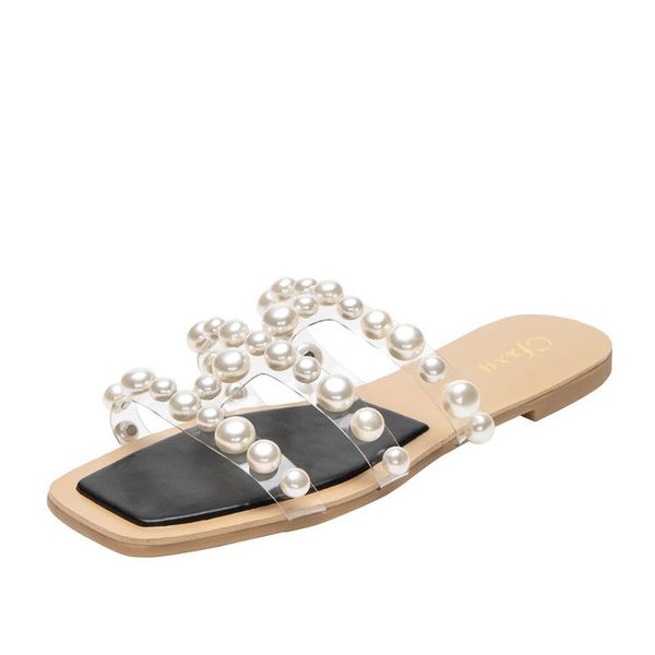 

slippers women's summer pearl transparent pvc beach leisure flat sandals female jelly shoes, Black