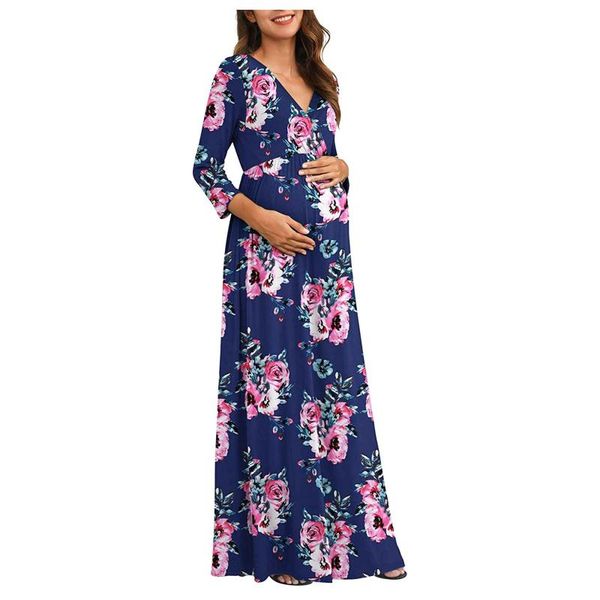 

women maternity pregnancy casual 3/4 sleeve v-neck maxi wrap long dress dresses, White