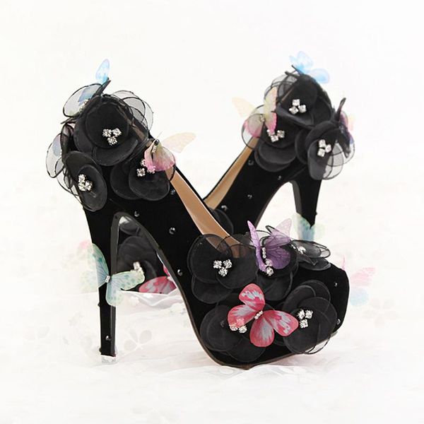 

high heels 14cm platform black women wedding shoes bridal pumps butterfly flowers ankle strap ladies party footwear dress