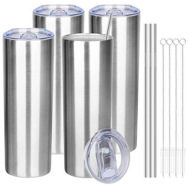 

water bottles 4 pack stainless steel skinny tumbler with straws 20oz double wall vacuum insulated cups lid