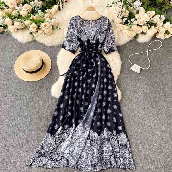 

european american style women's printed short-sleeved retro wrap maxi vestidos lace-up slim dress gk303 210507, Black;gray