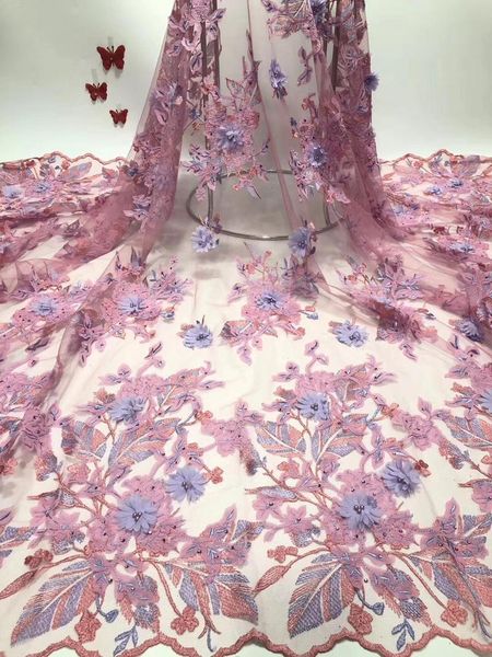 

ribbon african 3d lace fabric 2021 bridal with beads nigerian tulle mesh, Pink;blue