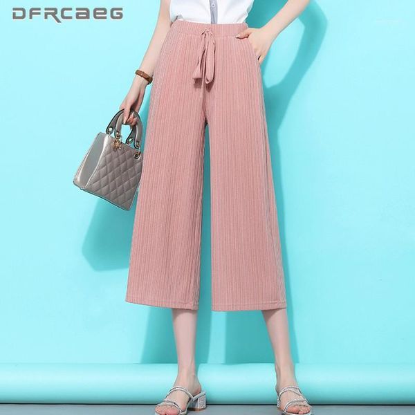 

brown pink summer thin wide leg capri pants women 2021 elastic high waist loose casual calf-length trousers female 3xl 4xl women's & ca, Black;white