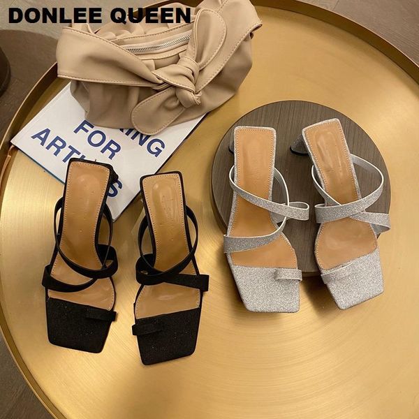 

slippers 2021 fashion high heel women brand sandals slipper summer slip on flip flops bling sequined cloth shoes for party mujer, Black