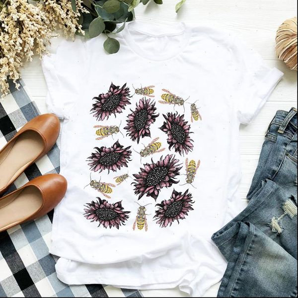 

women lady printed floral womens t shirts flower cartoon animal 90s print ladies tee clothes female graphic shirt, White