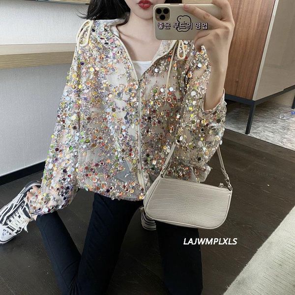 

women's jackets sequined sun protective hooded jacket 2021 summer heavy work blingbling mesh thin proof lady outwear, Black;brown