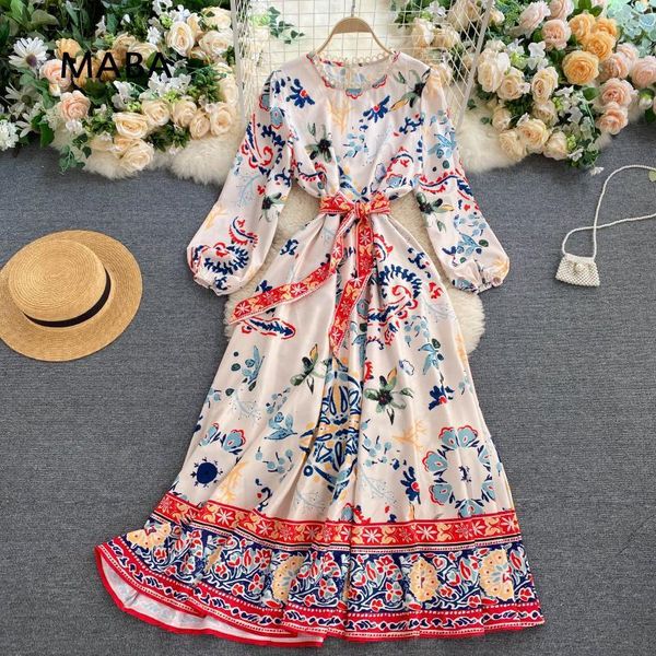 

casual dresses vintage bohemian dress autumn women o-neck puff sleeve lace up waist print long vestidos robe 2021, Black;gray