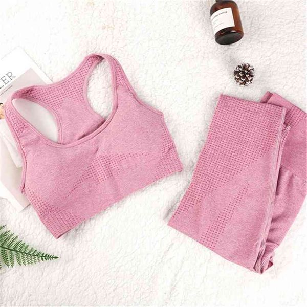 

two pieces seamless women yoga set workout sportswear gym clothing fitness sleeveless crop high waist leggings sports suits 210802, Gray