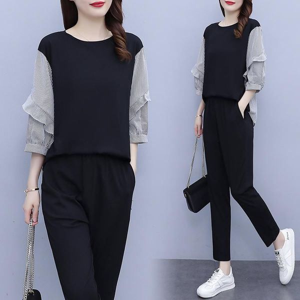 

women's two piece pants large size pants set summer fashion splicing trousers suit leisure loose survetement femme 2, White