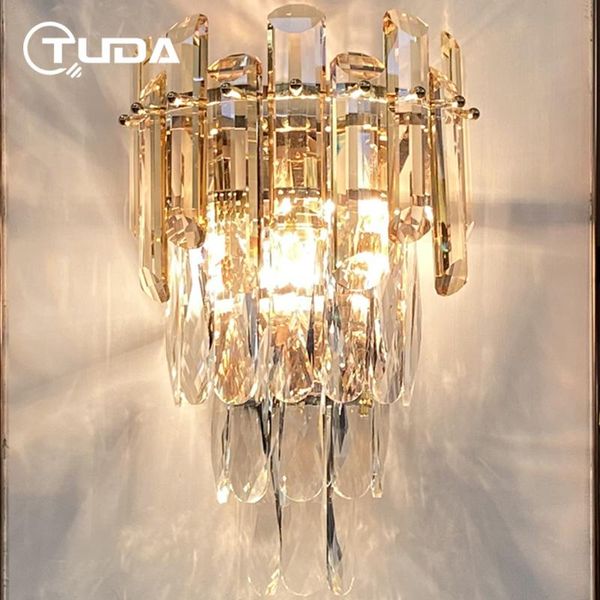 

wall lamp post modern crystal luxury champagne golden bedroom bedside living room television background corridor light