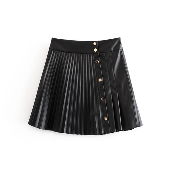 

vintage black pu leather skirts women fashion buttons high waisted mini skirt elegant pleated female ladies 210520