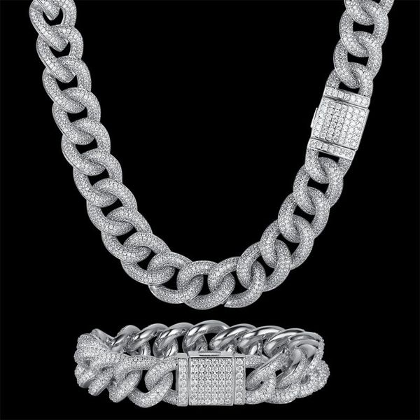 

pendant necklaces 100% zircon cz hip hop miami cuban link chain 14mm 3d bracelet men necklace drop wholesale bling black jewelry, Silver