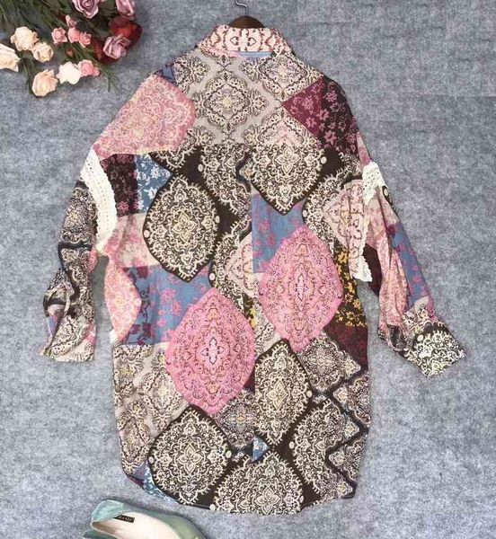 

jackets summer fashion blouses women turn-down collar vintage flower print appliques lace patchwork long sleeve loose button shirt, Black;brown