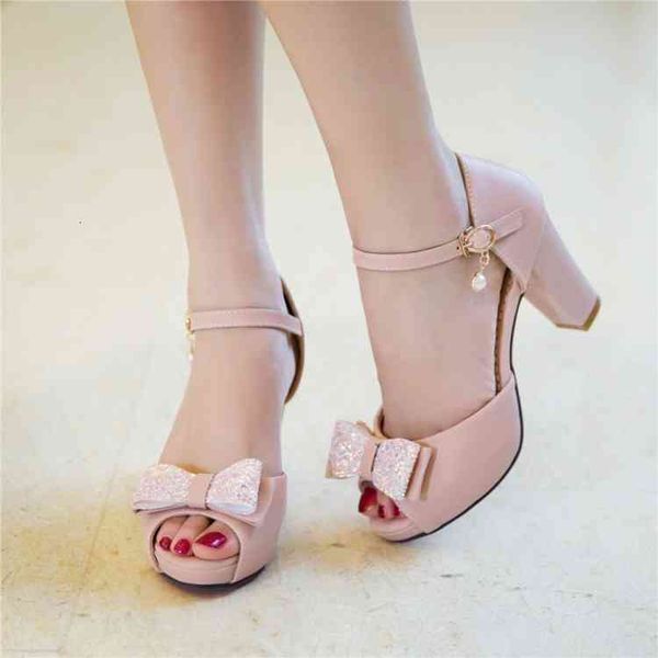 

dress shoes women sweet bow pendant high heels sandals female thick heel paltform a word buckle fish mouth small big size 32 42 43 xvac, Black
