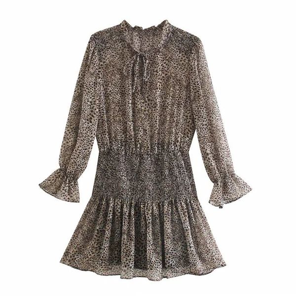 

women dress animal printed ruffled high collar long sleeves lined mini elastic waist vestidos femme robe 210420, Black;gray