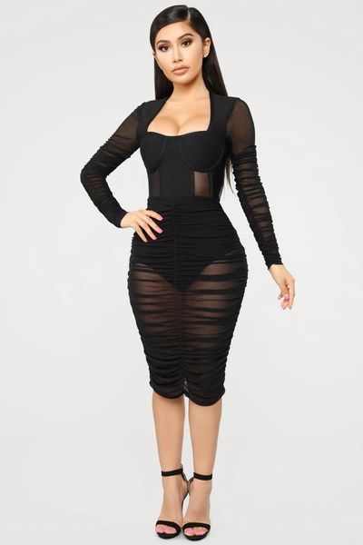 

casual dresses 2021 women transparent lace mesh black bandage dress ladies trendy designer celebrity chic party vestido, Black;gray