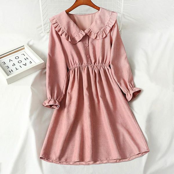 

retro corduroy dress women autumn winter long-sleeved doll collar ruffle ladies casual elastic waist loose long midi dresses, Black;gray