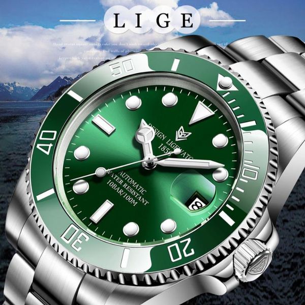 

wristwatches luxury green automatic men mechanical watch 100m waterproof fashion dress business sports male clock lige 6801, Slivery;brown