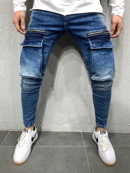 

men stretchy multi-pocket skinny jeans men pocket zipper pencil pants fashion jeans casual trousers hip hop sweatpants styles sizes, Blue