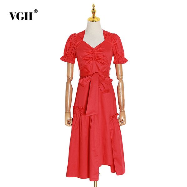 

vgh splicing lace up bowknot women dress v neck puff sleeve high waist irregualr hem elegant dresses female fashion new clothing 210421, Black;gray