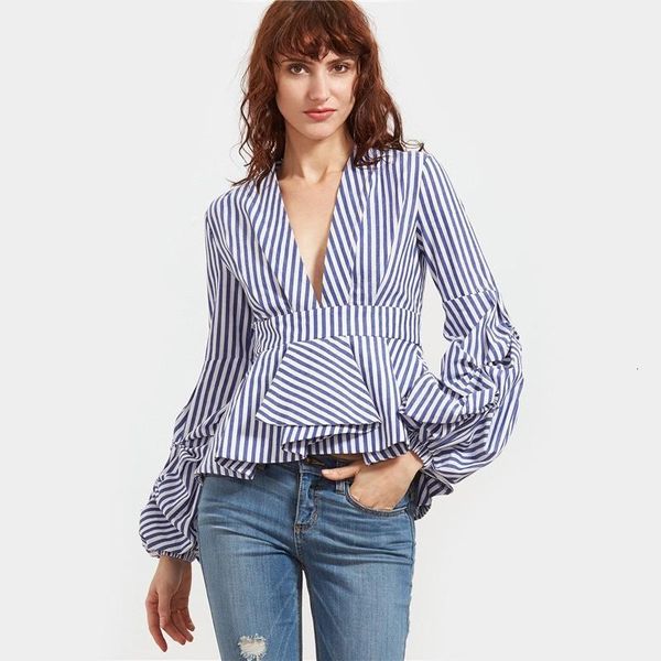 

women's & women v-neck long lantern sleeve blue striped fashion spring summer slim casual office blouses party elegant shirts, White