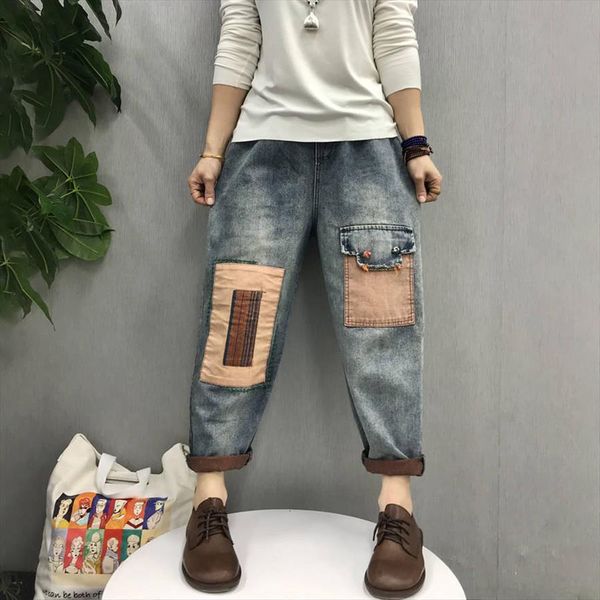 

spring fall fashion elastic waist women jean large pocket patchwork vintage female streetwear punk folk style retro denim pants, Blue
