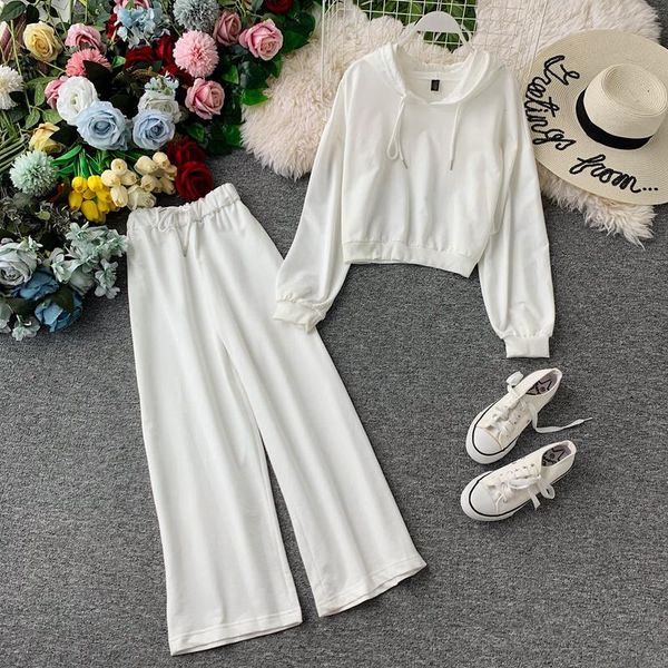 

two piece dress 2021 spring autumn womens suit two-pieces sets short sweatshirt + loose wide leg trousers pants suits cc1632, White