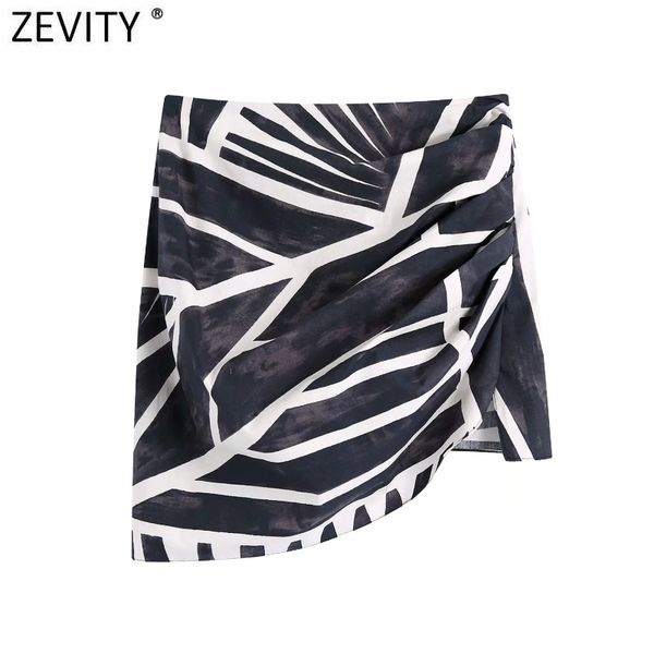 

zevity women vintage pleats design black white tie dye print hem irregular skirt faldas mujer female side zipper vestidos qun759 210419