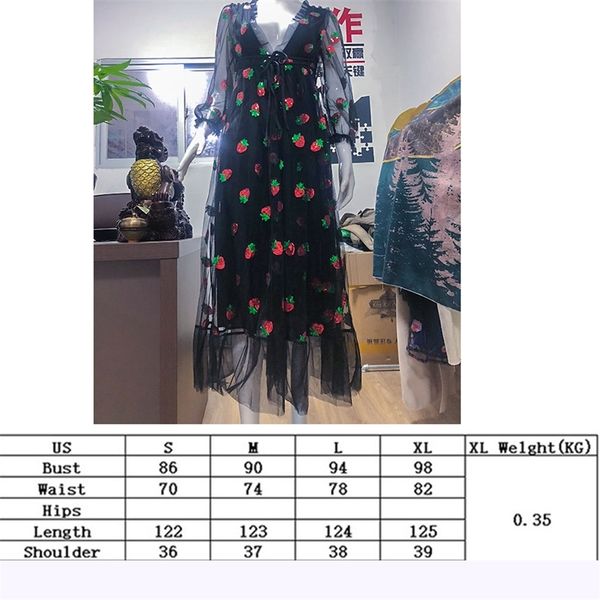 

female summer 2021 v-neck belt strawberry stamping short sleeve party mid-length dress net yarn summer new, Black;gray