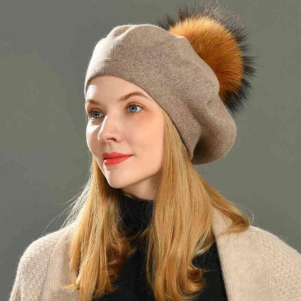 

vrouwen cap echte grote pom winter gebreide wollen baret natuurlijke wasbeer bont bal hoed effen kleur kwaliteit vrouwelijke, Blue;gray