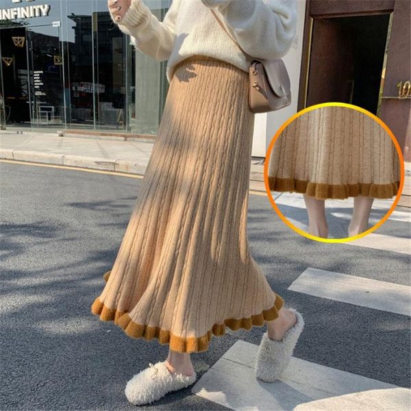 

women's knitted autumn and winter mid-length drape big swing woolen sweater umbrella skirt fashion patchwork pleated saia y718 skirts, Black