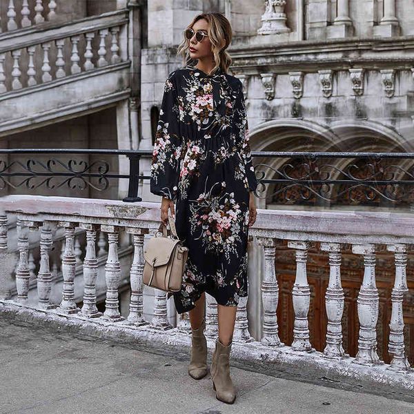 

puff autumn winter floral women casual bow stand collar high wasit long sleeve dress 2021 new, Black;gray