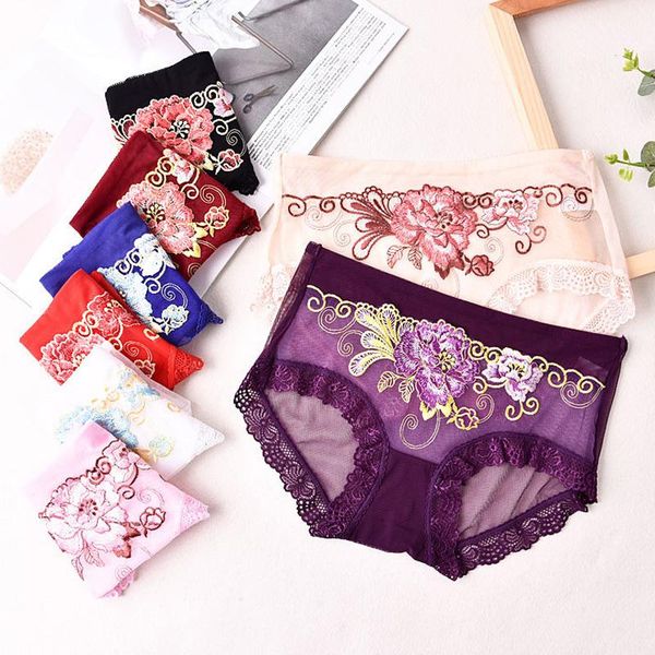 

women's panties embroidered underwear silk satin briefs transparent cotton crotch lace trim mesh mid-waist lingerie underpant, Black;pink