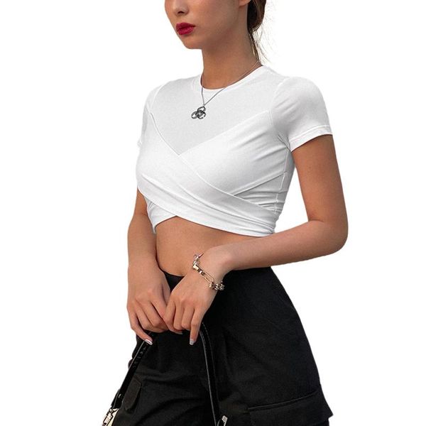 

women's t-shirt summer white round neck bandage slim fit short navel