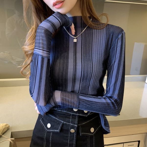 

korean women blouses chiffon striped woman long sleeve shirts casual womanturtleneck blouse ladies puls size 210427, White