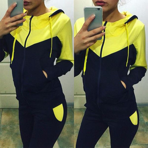 

gym clothing 2pcs women zipper tracksuits set color patchwork hoodies sweapants autumn spring casual sport suits outdoor female, White;black