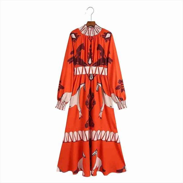 

Za Women Autumn Clothes Vintage Dress Print Long Sleeve Elastic Neck Female Elegant Street Dresses Clothes, Black;gray