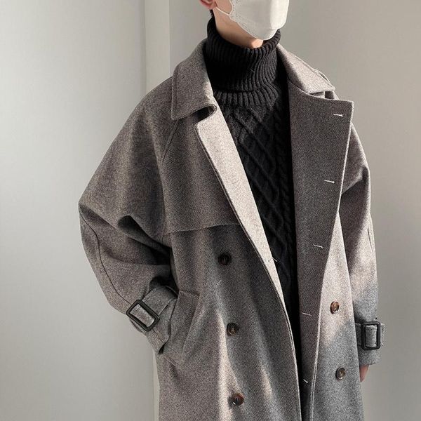 

men's wool & blends woolen coat mid-length autumn and winter thick over-the-knee handsome windbreaker korean style trend, Black