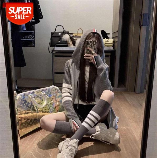 

[successively issued hat knitted cardigan women's stitching zipper striped jacket] #md9s, Black