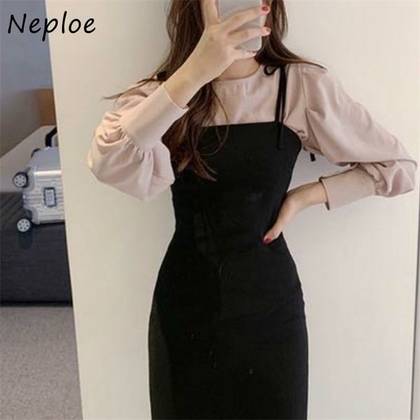 

2 piece set o-neck puff sleeve women blouse + slim waist drawstring dress solid color all-match suit 210422, White