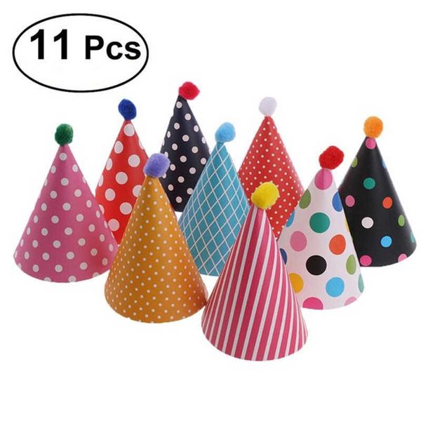 

11pcs cute birthday hat party cone hats cap with pom birthday event party suppli