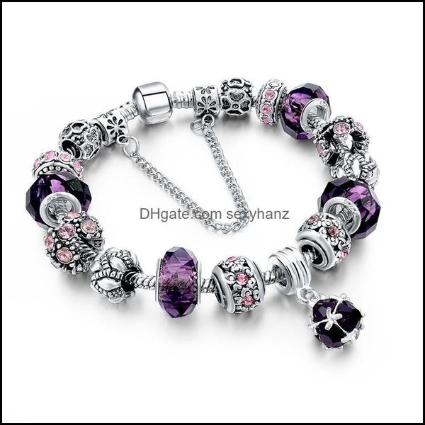 

jewelry european sier chains crystal beaded bracelets & bangles with rhinestonel heart charm beads for women snake chain diy dro, Golden;silver