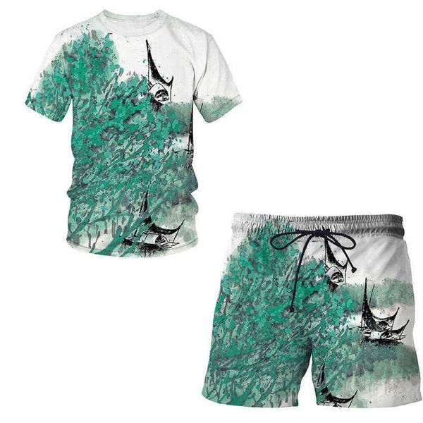 Sommer 2021 neue 3D Gedruckt Chinesische pinsel malerei männer anzug muster T shirt kurzarm + casual shorts Streetwear Männer kleidung G1217