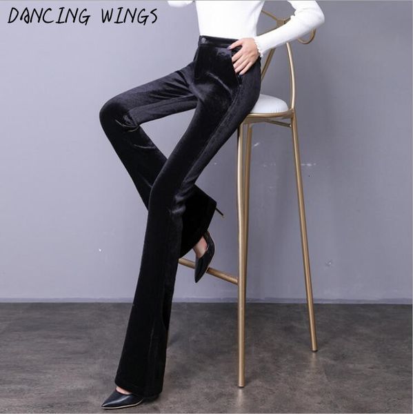 

women's pants & capris autumn winter flare trousers vintage gold velvet women wide leg slim stretch high waist long casual black 6, Black;white