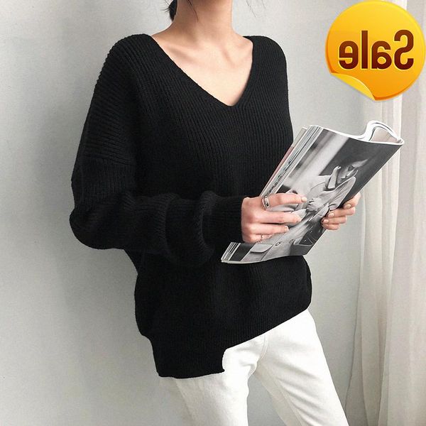 

women's sweaters casual vintage leioouna full sweater v-neck solid color women black white 2021 fashion warm irregular knitted sweter, White;black