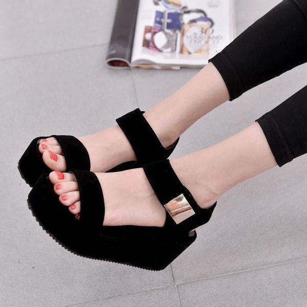 

platform shoe summer fashion women's sandals thick-soled high-heeled wedges fish mouth roman tide shoes sapato feminino pu, Black