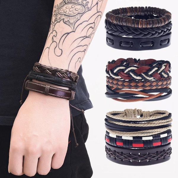 

charm bracelets 3pcs/set fashion mens punk leather braided wristband bracelet bangle ethnic beads rope woven multilayer cuff vintage jewelry, Golden;silver