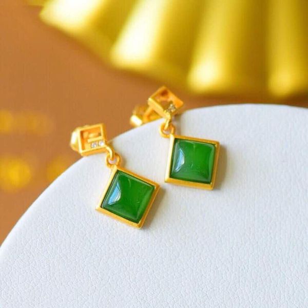 

dangle & chandelier silver inlaid natural hetian jasper small square geometric diamond earrings chinese classical fresh women's brand j