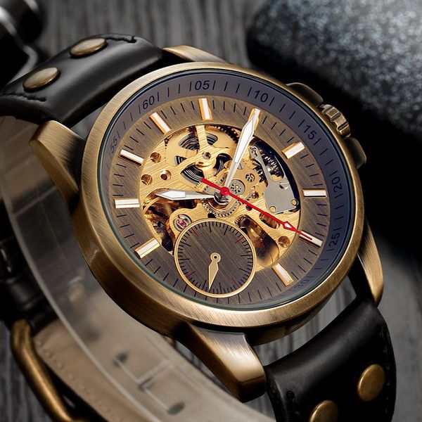 

clocks men automatic mechanical new 2019 luxury retro leisure leather business relogio masculino, Slivery;brown